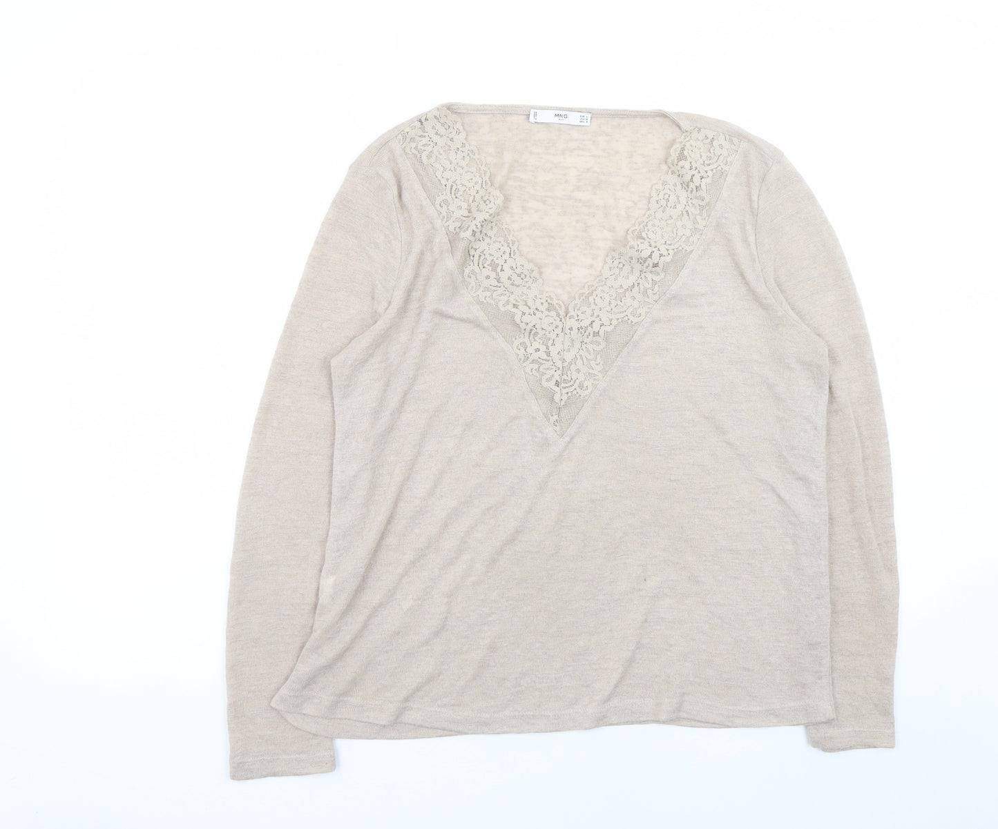 MNG Women’s Beige V-Neck Lace Trim Long Sleeve Knit Jumper Size 12