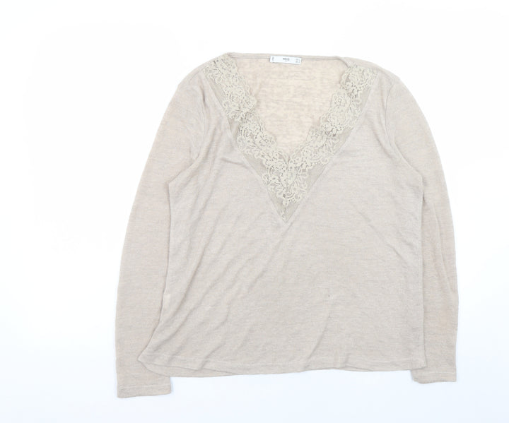 MNG Women’s Beige V-Neck Lace Trim Long Sleeve Knit Jumper Size 12