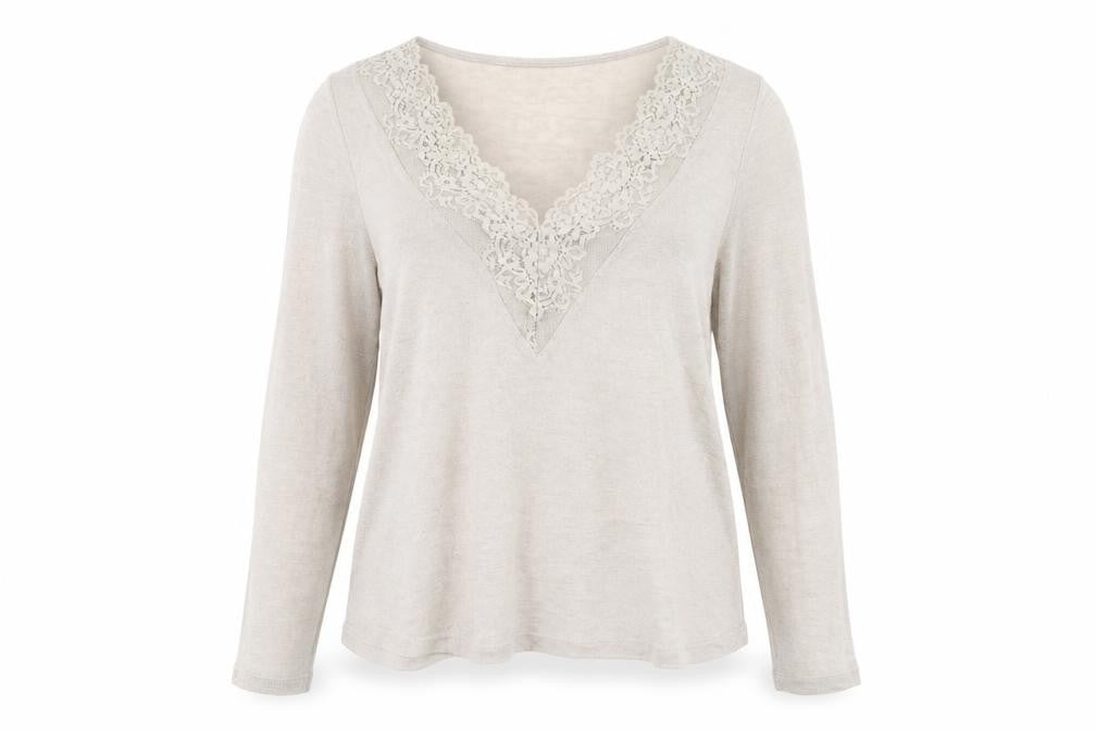 MNG Women’s Beige V-Neck Lace Trim Long Sleeve Knit Jumper Size 12