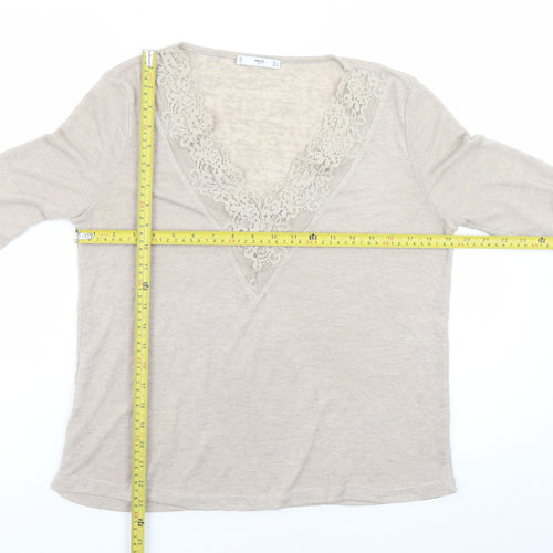MNG Women’s Beige V-Neck Lace Trim Long Sleeve Knit Jumper Size 12