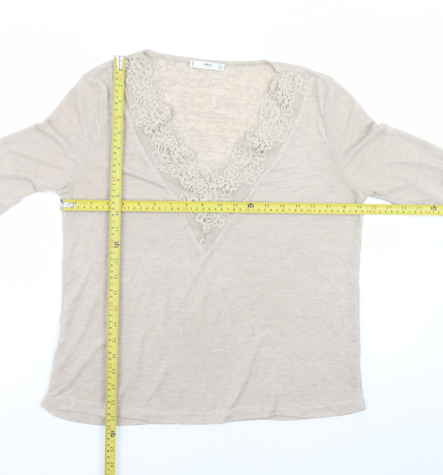 MNG Women’s Beige V-Neck Lace Trim Long Sleeve Knit Jumper Size 12