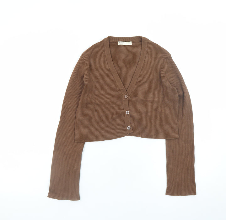 Pull & Bear Women's Brown Cropped Knit Cardigan Size 8