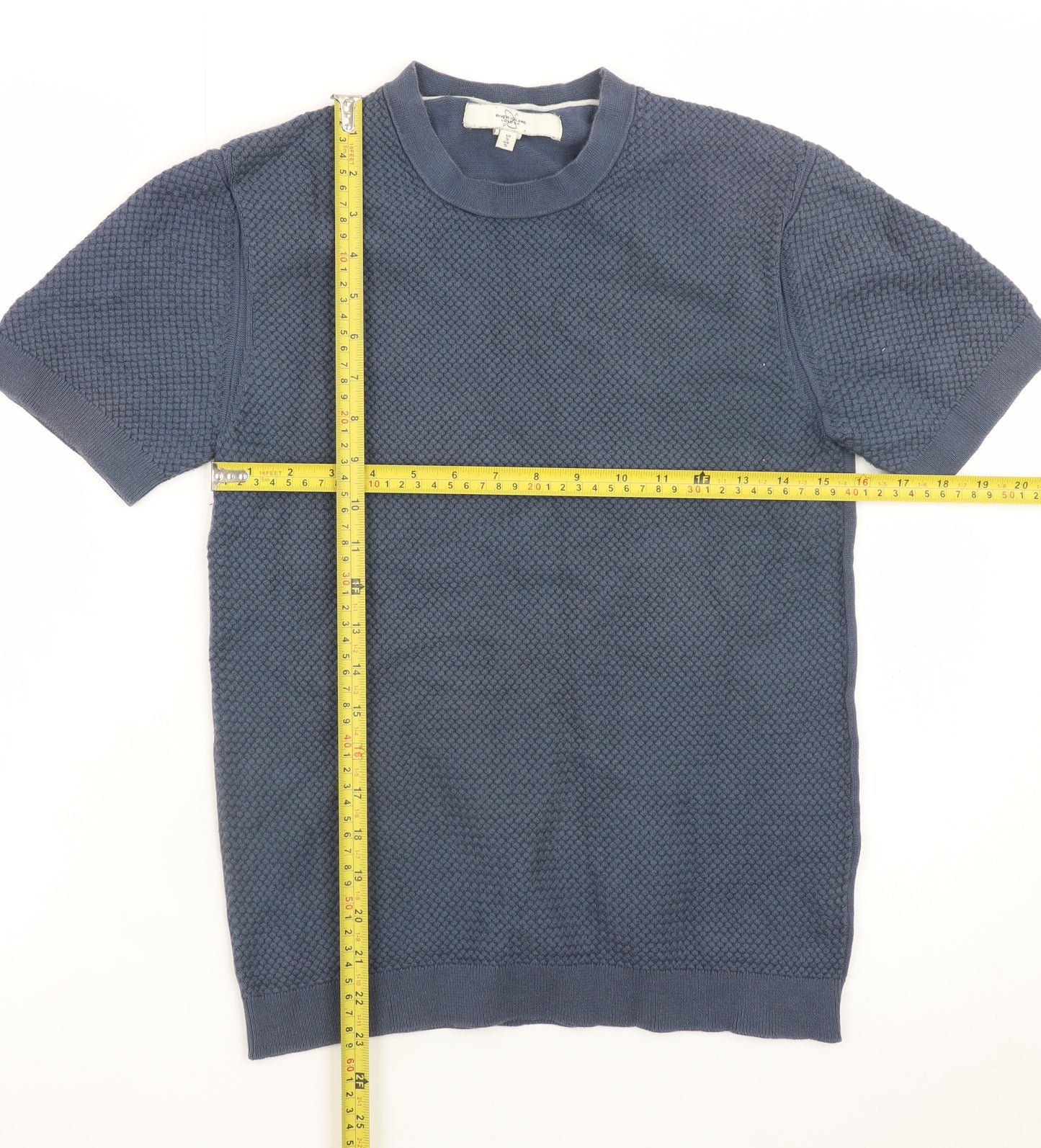 River Island Men's Blue Textured Knit Crew Neck Short Sleeve T-Shirt Size S