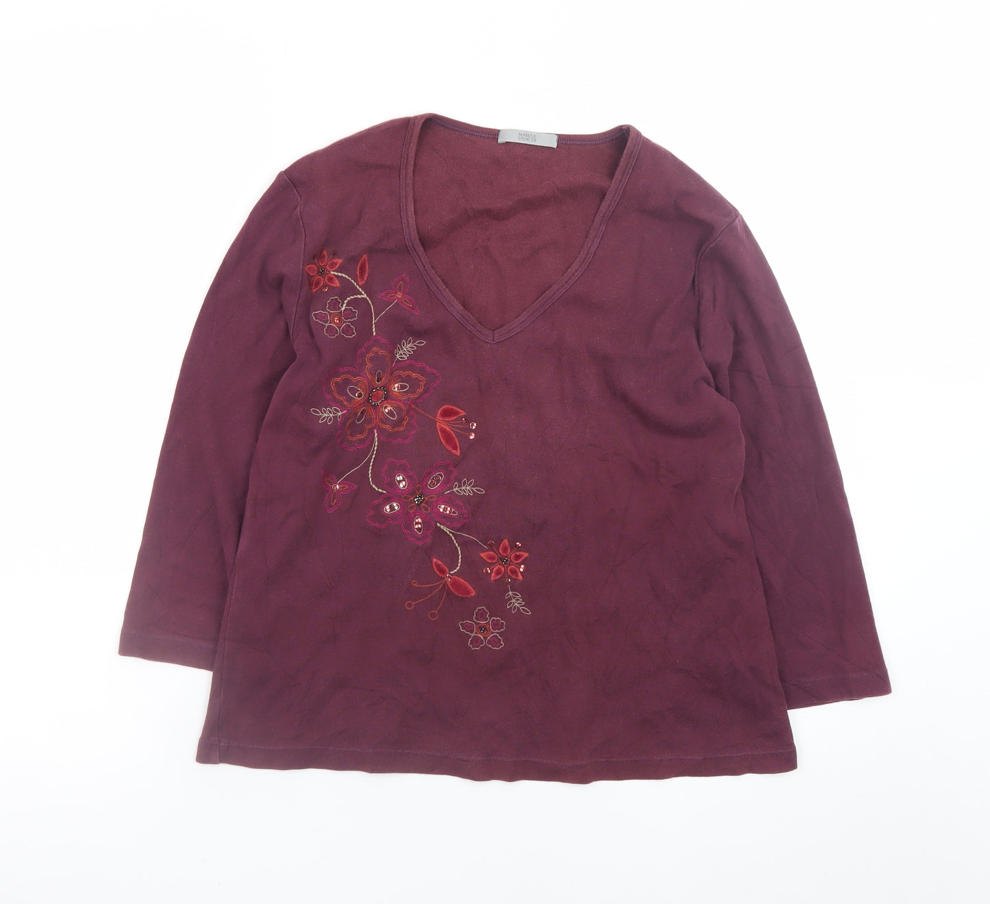 Marks and Spencer Women’s Purple Floral Embroidered V-Neck Top Size 16
