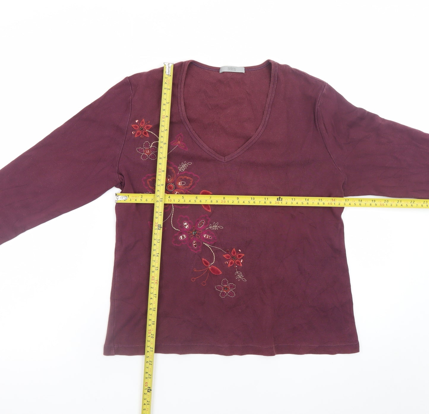 Marks and Spencer Women’s Purple Floral Embroidered V-Neck Top Size 16