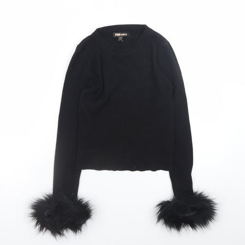 Pink Vanilla Women's Black Faux Fur Trim Knit Long Sleeve Top M/L