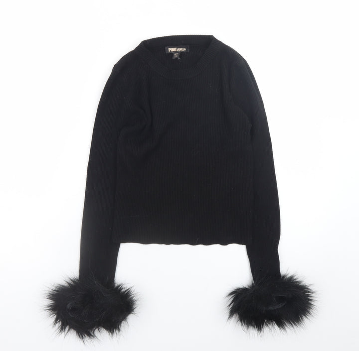 Pink Vanilla Women's Black Faux Fur Trim Knit Long Sleeve Top M/L