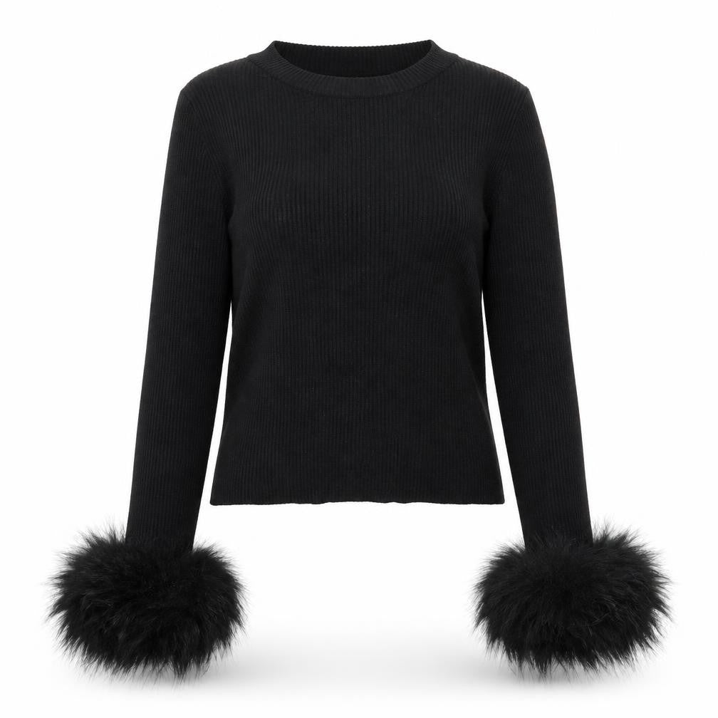 Pink Vanilla Women's Black Faux Fur Trim Knit Long Sleeve Top M/L