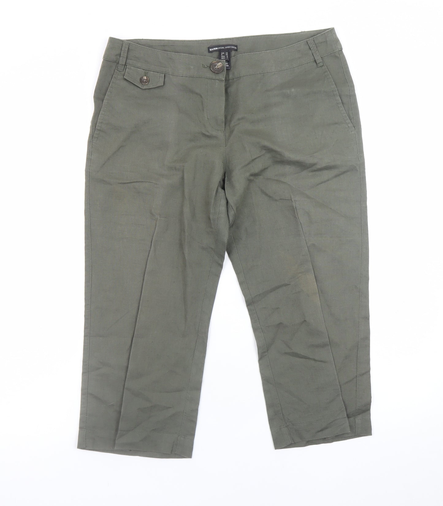 Mango Women Green Linen Cropped Trousers Size 12 Regular Fit