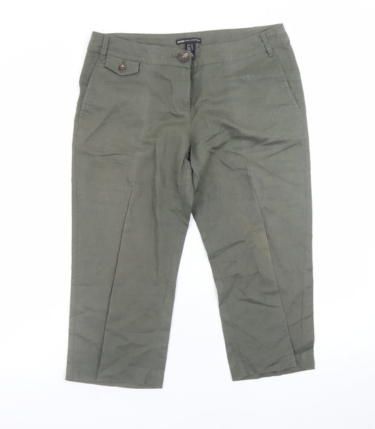 Mango Women Green Linen Cropped Trousers Size 12 Regular Fit