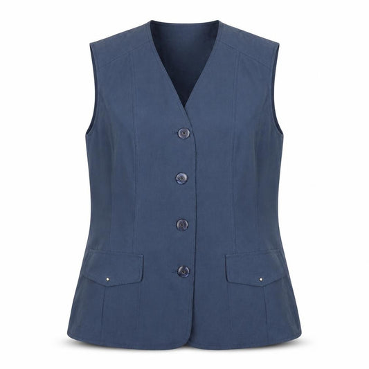 Front view of Lebek Women's Blue Sleeveless Button Basic Blouse, size 12