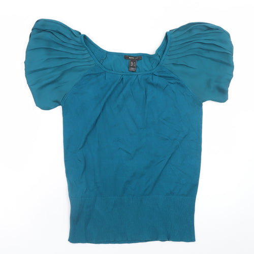 Mango Women Blue Puff Sleeve Knit Blouse Size 12
