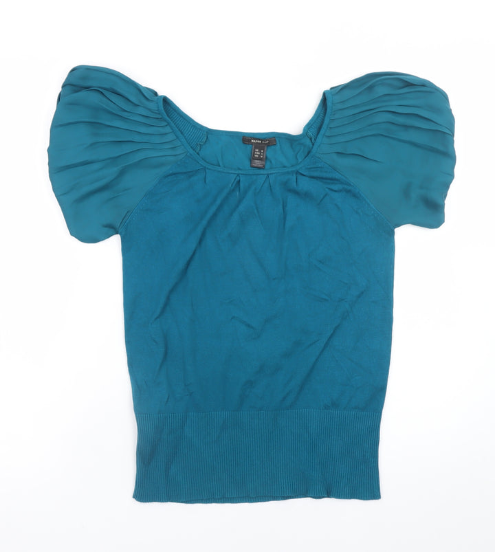 Mango Women Blue Puff Sleeve Knit Blouse Size 12