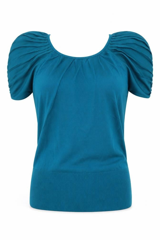 Mango Women Blue Puff Sleeve Knit Blouse Size 12