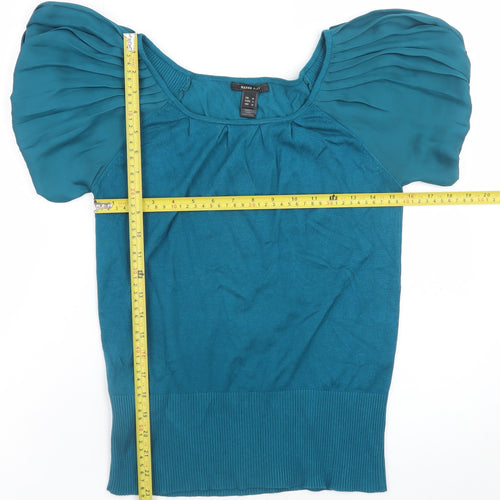Mango Women Blue Puff Sleeve Knit Blouse Size 12