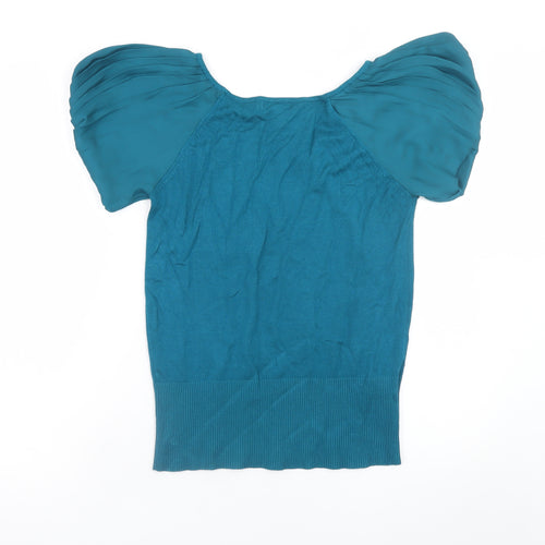 Mango Women Blue Puff Sleeve Knit Blouse Size 12