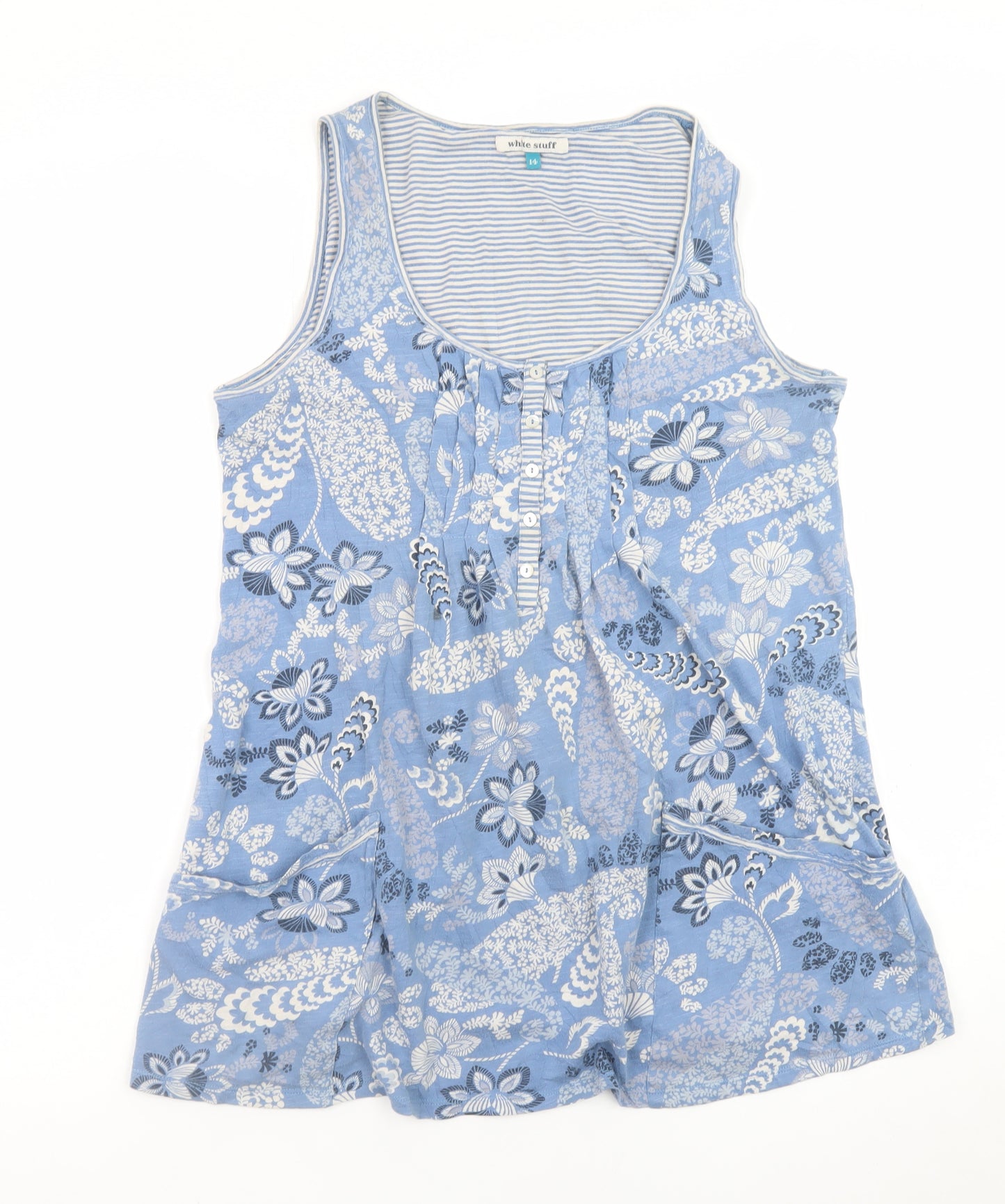 White Stuff Women's Blue Floral Cotton Sleeveless Camisole Top Size 14