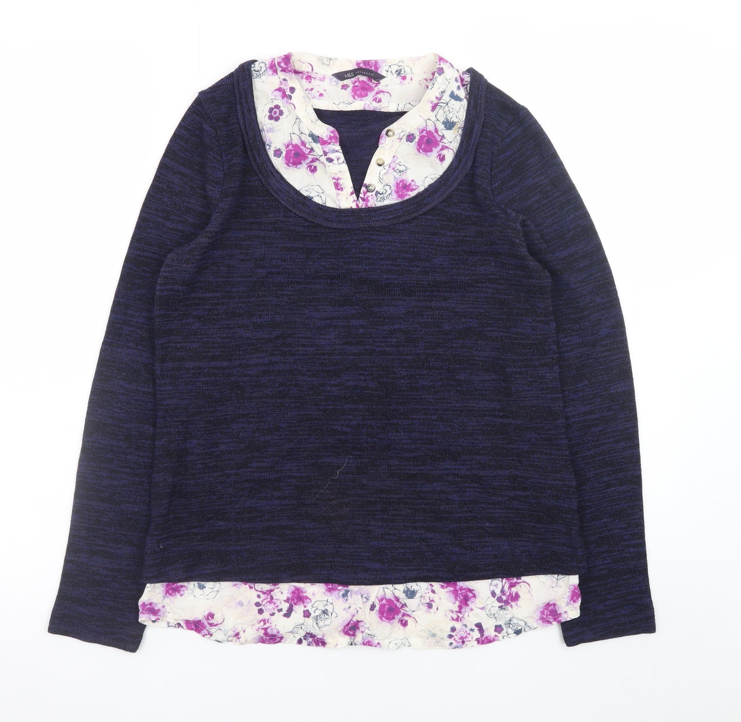 Marks and Spencer Women Navy Floral Layered Long Sleeve Blouse UK 8