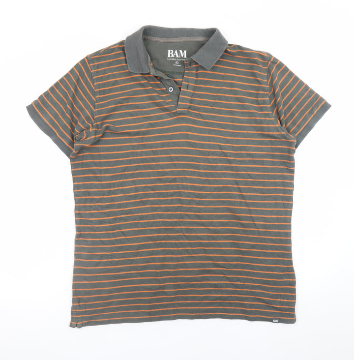 BAM Men's Grey Striped Bamboo Polo Shirt XL Regular Fit