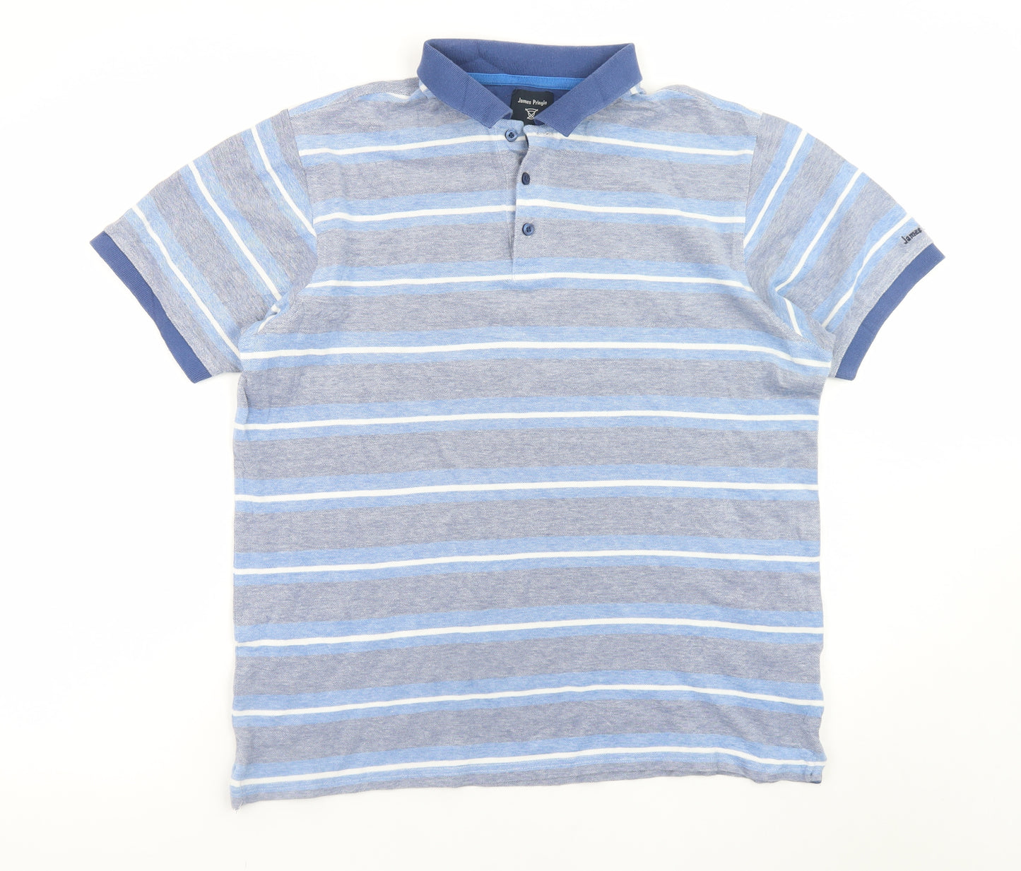 James Pringle Men's Blue Striped Cotton Polo Shirt Size M