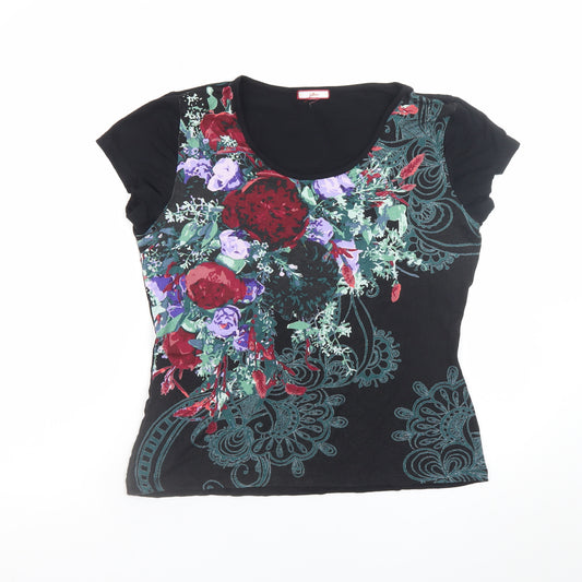 Joe Browns Womens Black Floral Short Sleeve Scoop Neck T-Shirt Size 14