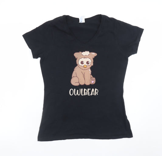 Port & Company Womens Black Owlbear V-Neck Cotton T-Shirt S
