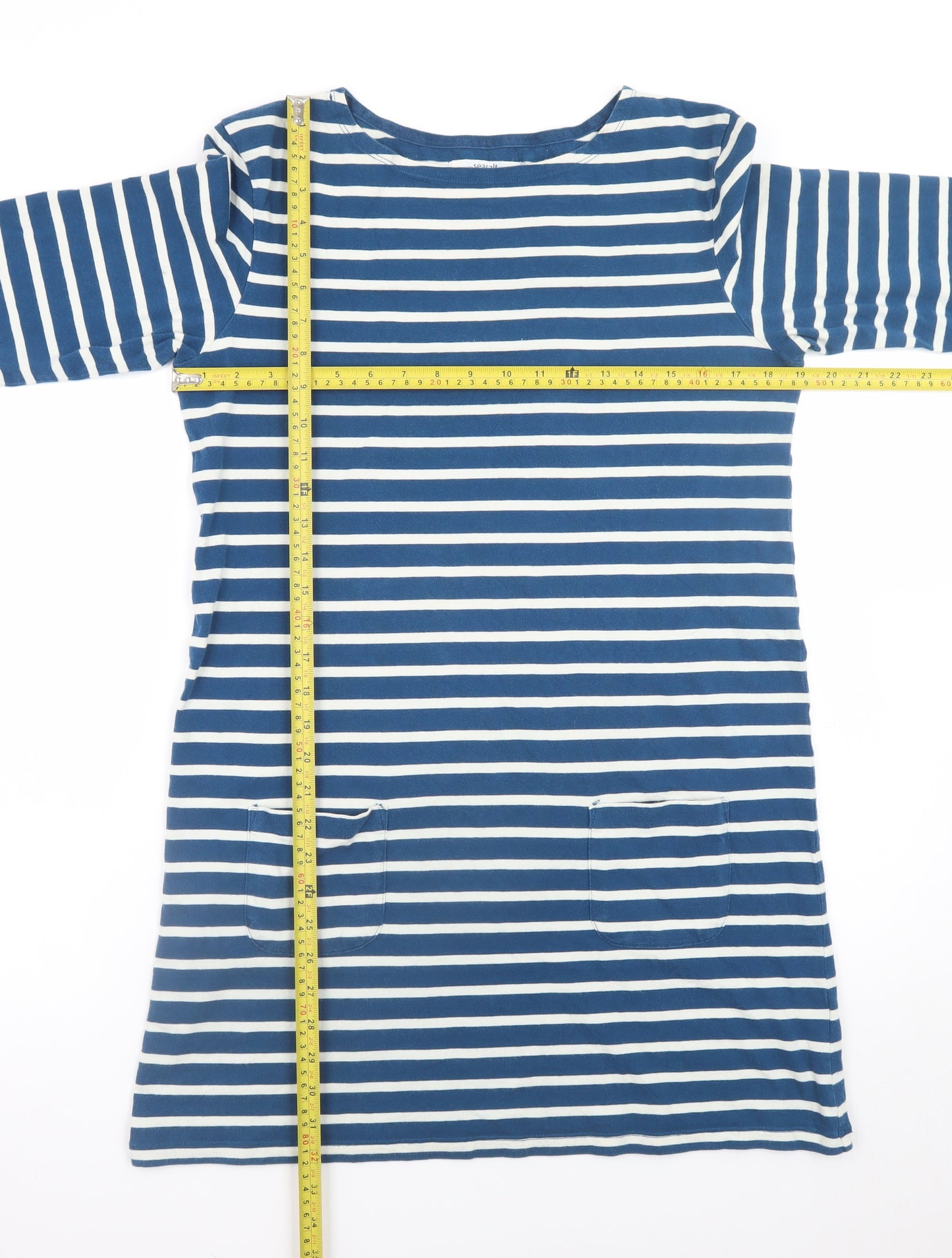 Seasalt Women Blue Striped Shift Dress Size 12 Cotton 3/4 Sleeve