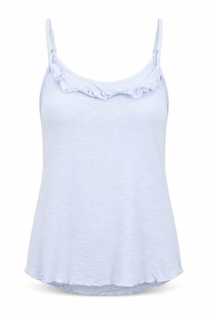Front view of FatFace Women's Blue Cotton Ruffle Camisole Tank Top, size 10