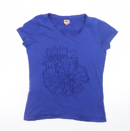ONLY Women's Blue Short Sleeve Cotton T-Shirt Size L