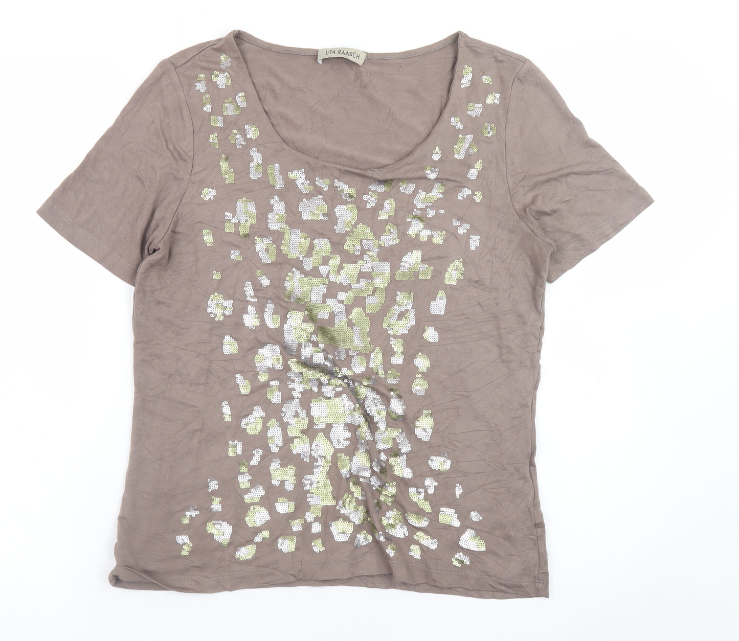 Uta Raasch Women’s Brown Sequin Short Sleeve Viscose T-Shirt Size 14