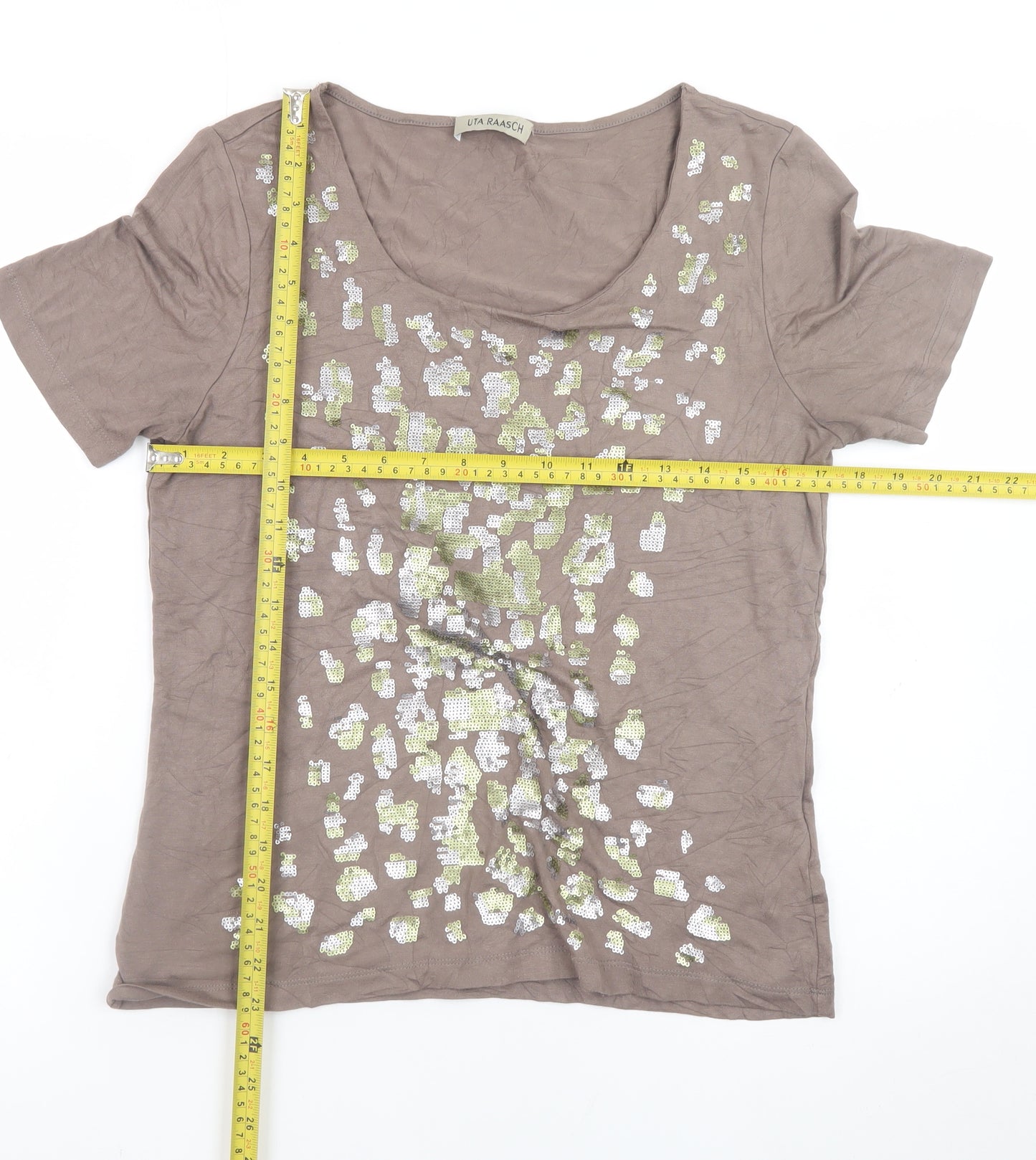 Uta Raasch Women’s Brown Sequin Short Sleeve Viscose T-Shirt Size 14