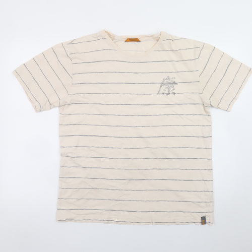 BHS Men's Beige Striped Graphic T-Shirt Large Classic Fit