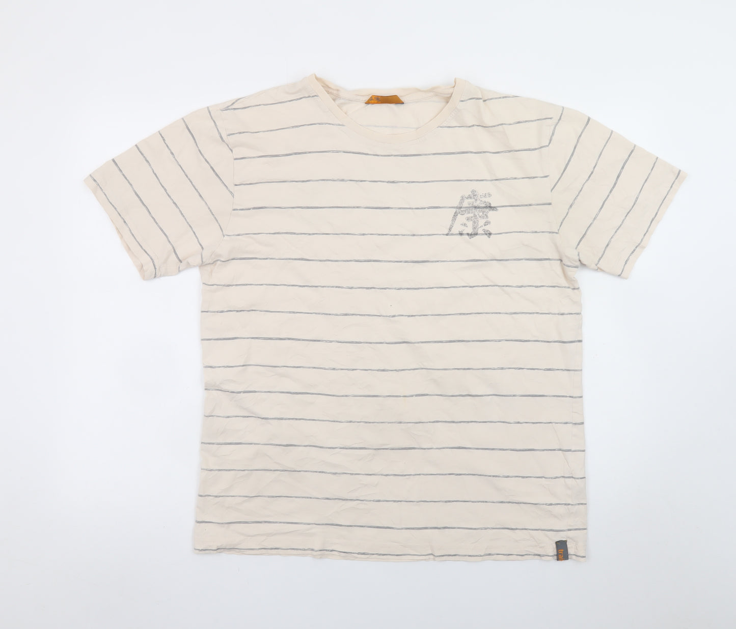 BHS Men's Beige Striped Graphic T-Shirt Large Classic Fit