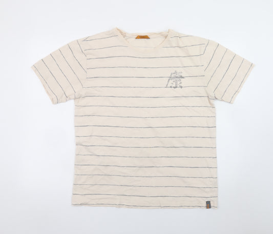 BHS Men's Beige Striped Graphic T-Shirt Large Classic Fit