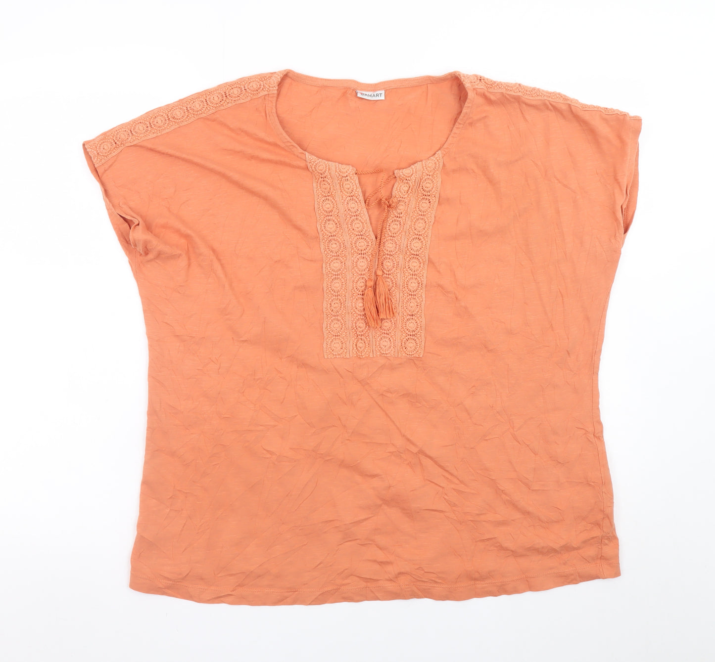 Damart Women Orange Cotton Crochet Trim Tunic Blouse Size L