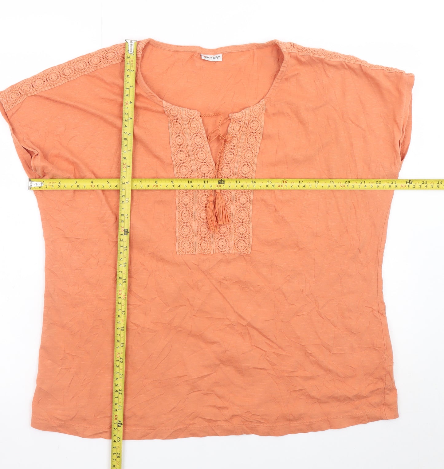 Damart Women Orange Cotton Crochet Trim Tunic Blouse Size L