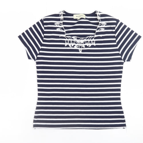 Bassini Women Blue Striped Embroidered Short Sleeve T-Shirt Size S