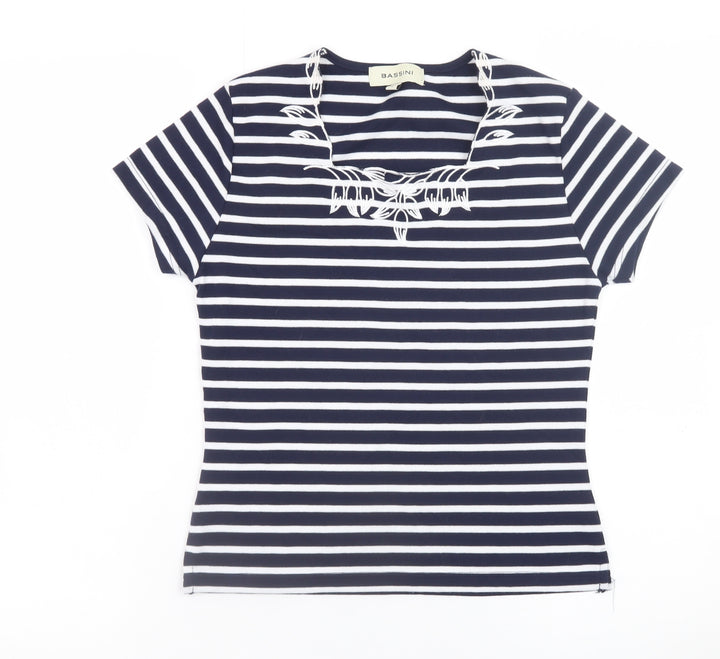 Bassini Women Blue Striped Embroidered Short Sleeve T-Shirt Size S