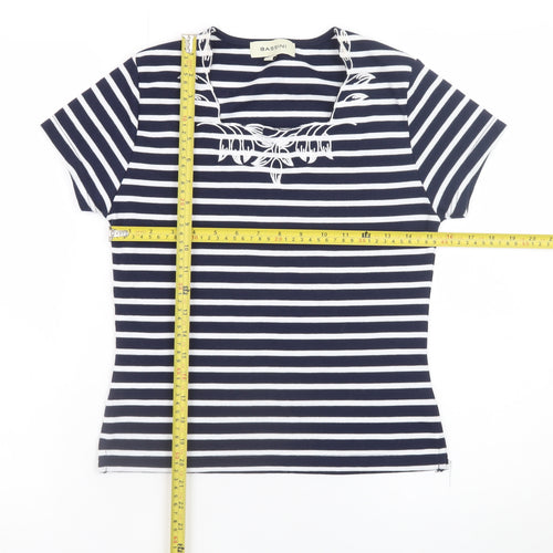 Bassini Women Blue Striped Embroidered Short Sleeve T-Shirt Size S