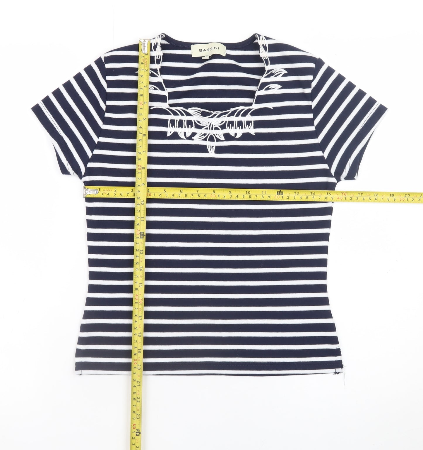 Bassini Women Blue Striped Embroidered Short Sleeve T-Shirt Size S