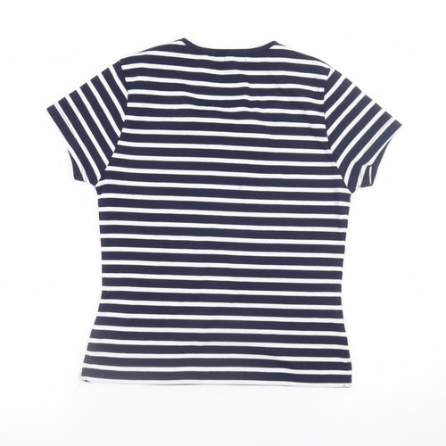 Bassini Women Blue Striped Embroidered Short Sleeve T-Shirt Size S