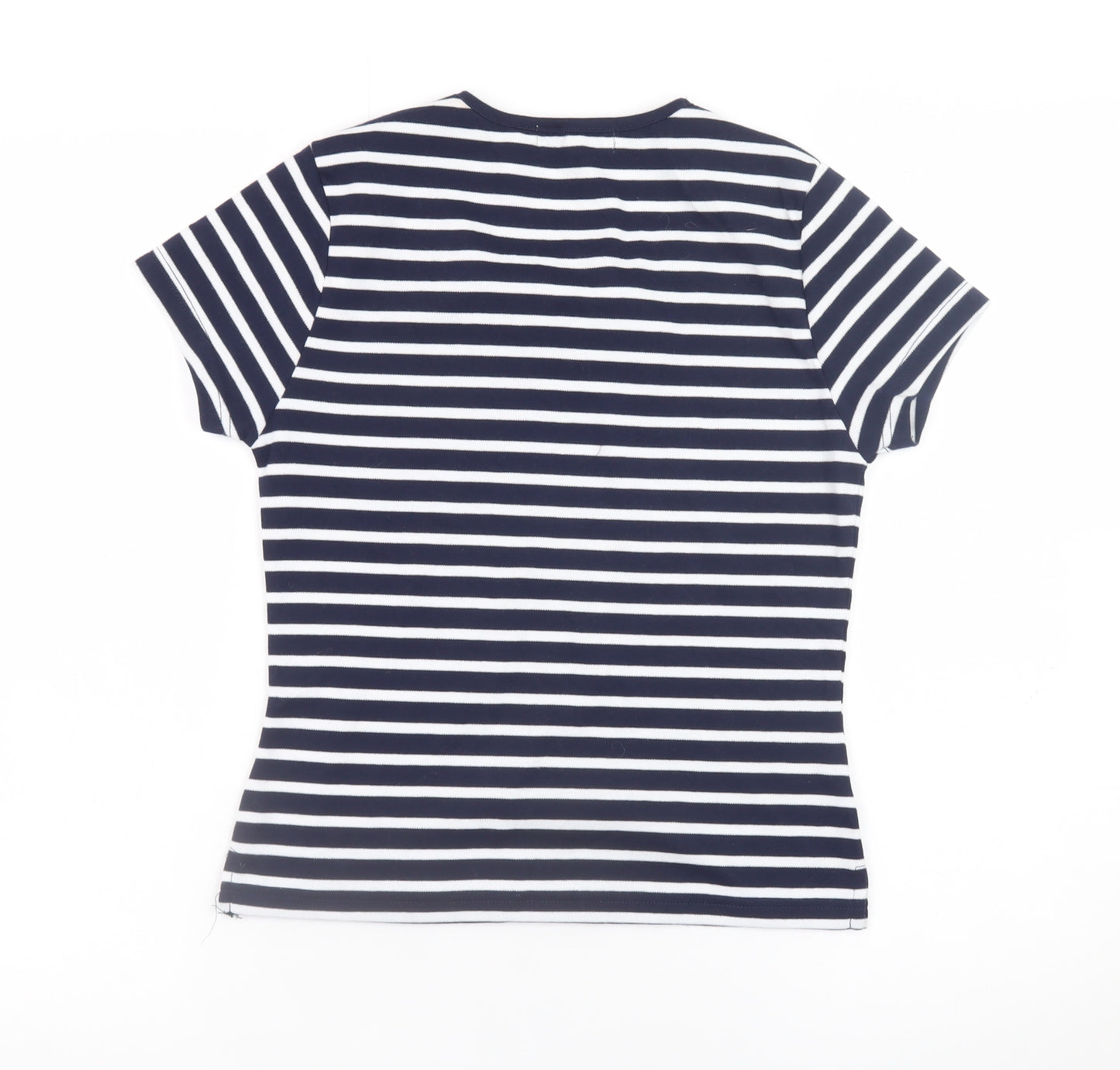 Bassini Women Blue Striped Embroidered Short Sleeve T-Shirt Size S