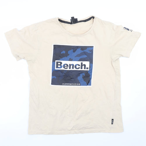Bench Men Beige Graphic Print Crew Neck Cotton T-Shirt Size L