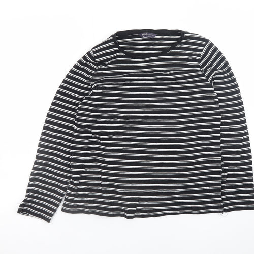 Marks and Spencer Womens Black Striped Long Sleeve Cotton T-Shirt Size 16