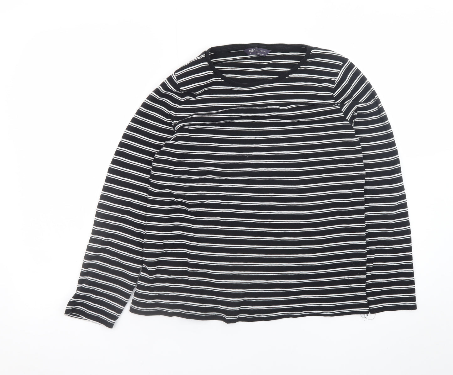 Marks and Spencer Womens Black Striped Long Sleeve Cotton T-Shirt Size 16