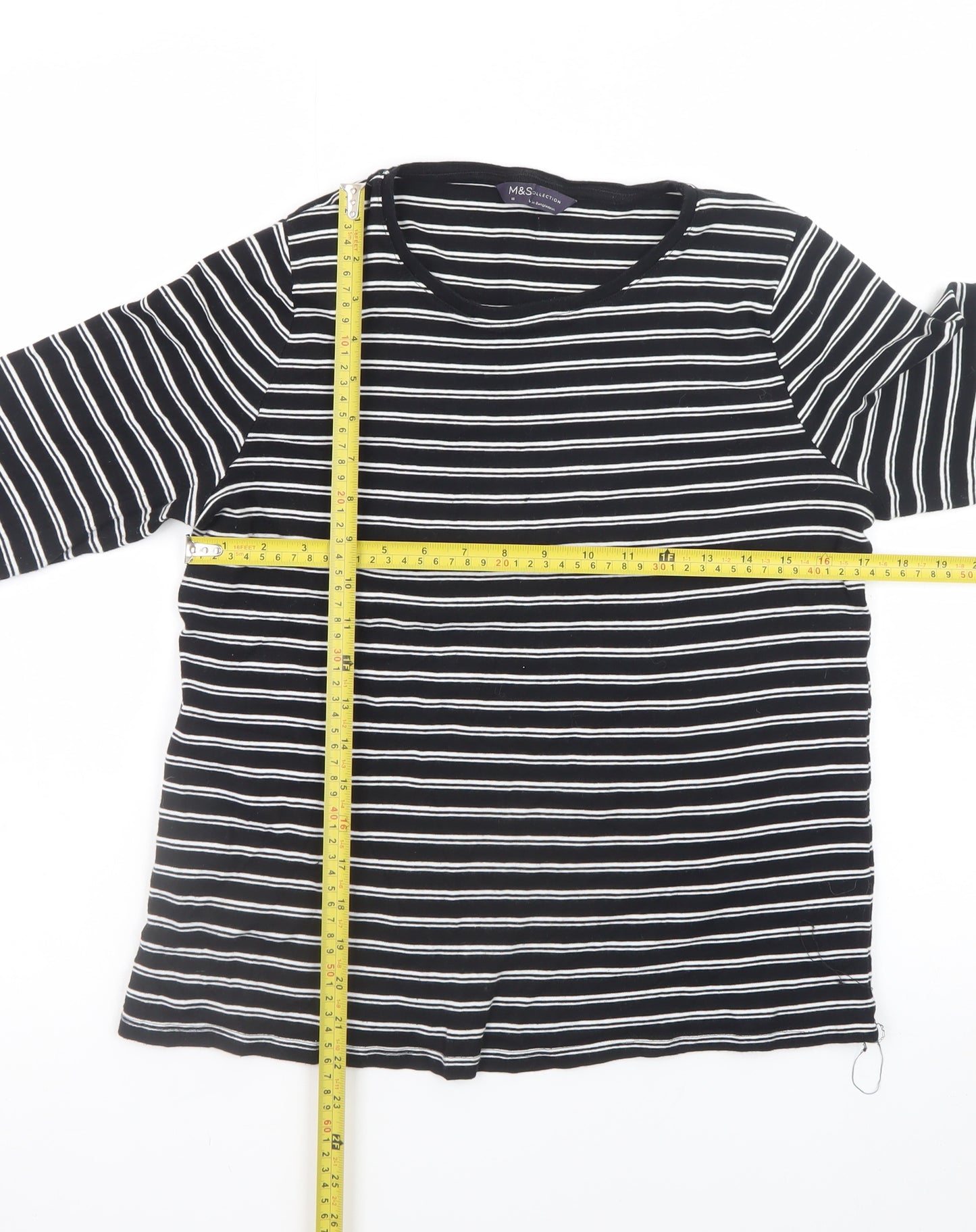Marks and Spencer Womens Black Striped Long Sleeve Cotton T-Shirt Size 16