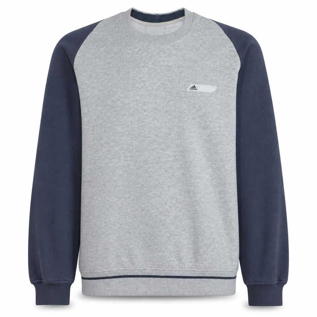 Front view of Adidas Men's Grey & Navy Crew Neck Sweatshirt, size M, Classic Style