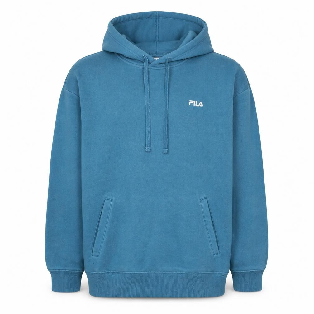 Front view of Fila men’s blue pullover hoodie xl cotton blend logo sweatshirt