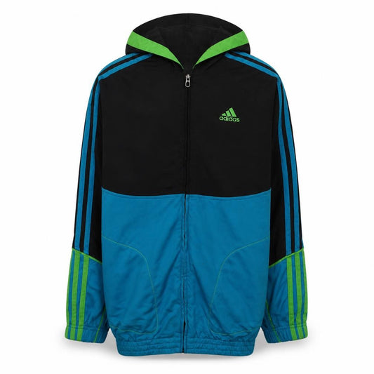 Front view of Adidas boys’ blue & black track jacket hooded zip up, size 13-14, years