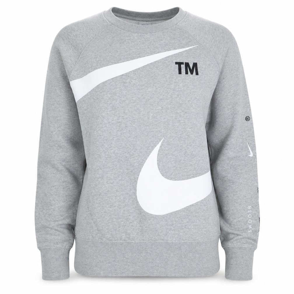 Front view of Nike women’s grey small pullover sweatshirt with logo print